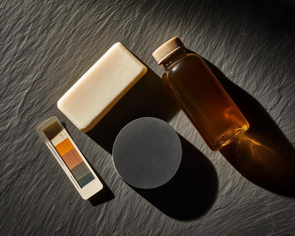 Draufsicht auf drei Hygieneprodukte auf dunkler Steinoberfläche: weißer Seifenriegel, braune Flasche und rundes schwarzes Syndet-Stück