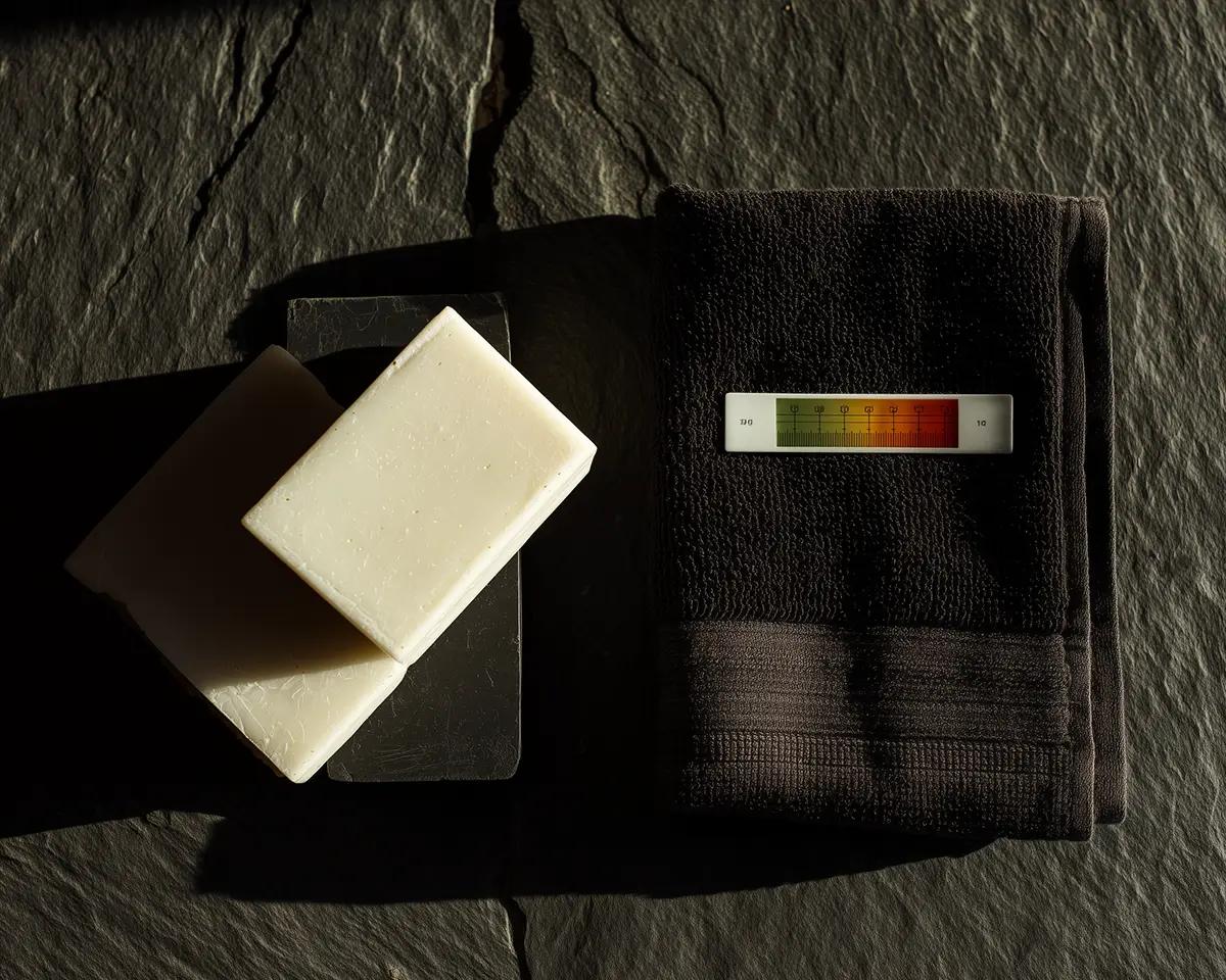 Weißer Seifenriegel auf dunklem Handtuch mit kleiner pH-Farbskala-Karte – Draufsicht auf dunkler Oberfläche