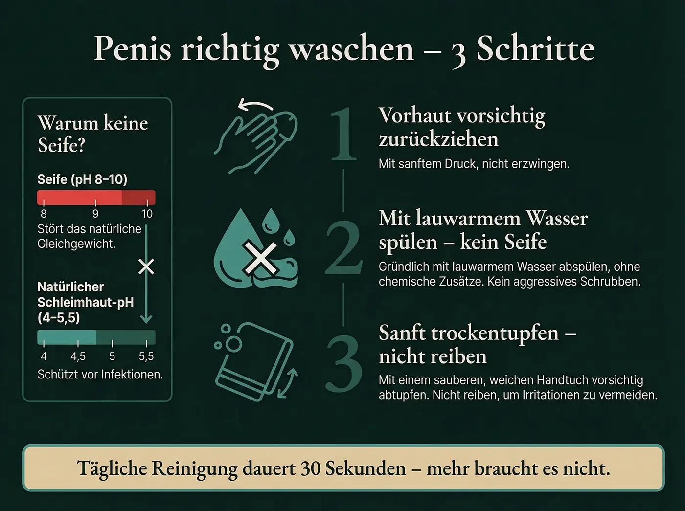 Infografik 'Penis richtig waschen – 3 Schritte': Vorhaut zurückziehen, lauwarmes Wasser, trockentupfen – plus pH-Vergleich Seife vs. Schleimhaut