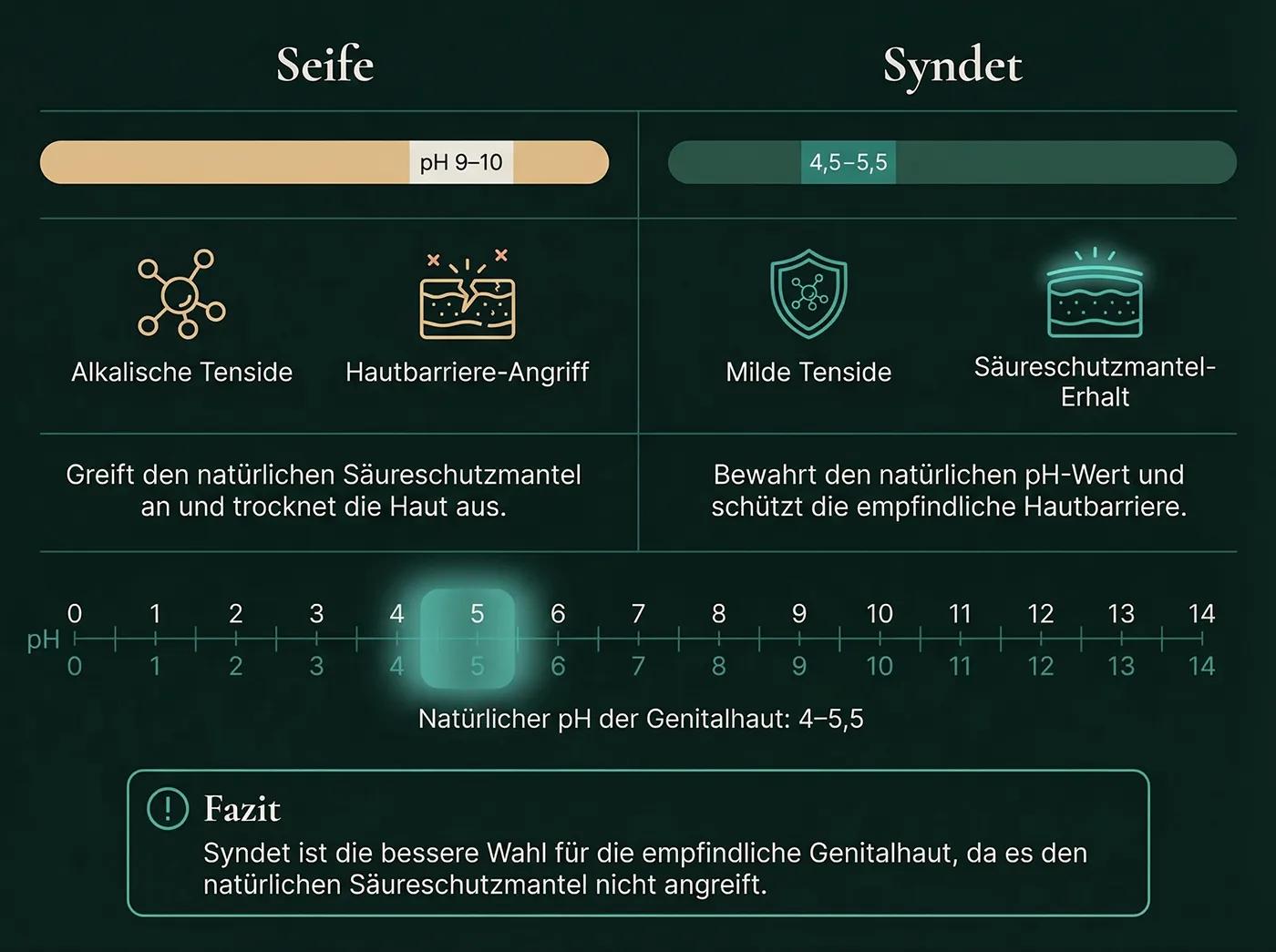 Infografik Seife vs. Syndet: pH 9–10 vs. 4,5–5,5 mit Symbolen für Hautbarriere-Angriff und Säureschutzmantl-Erhalt