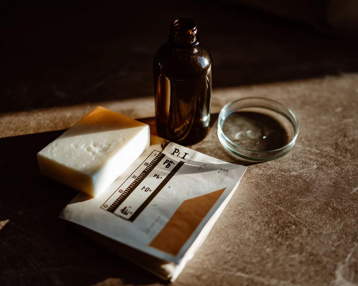 Weißer Seifenriegel auf pH-Test-Dokument, dahinter braune Apothekerflasche und Glasschale – warmes Seitenlicht
