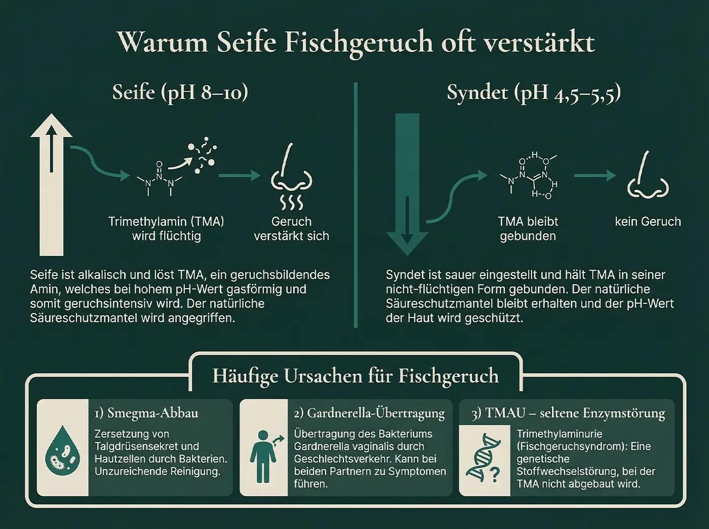 Infografik: Seife (pH 8–10) macht TMA flüchtig und verstärkt den Geruch – Syndet (pH 4,5–5,5) hält TMA gebunden; plus drei Ursachen: Smegma, Gardnerella, TMAU
