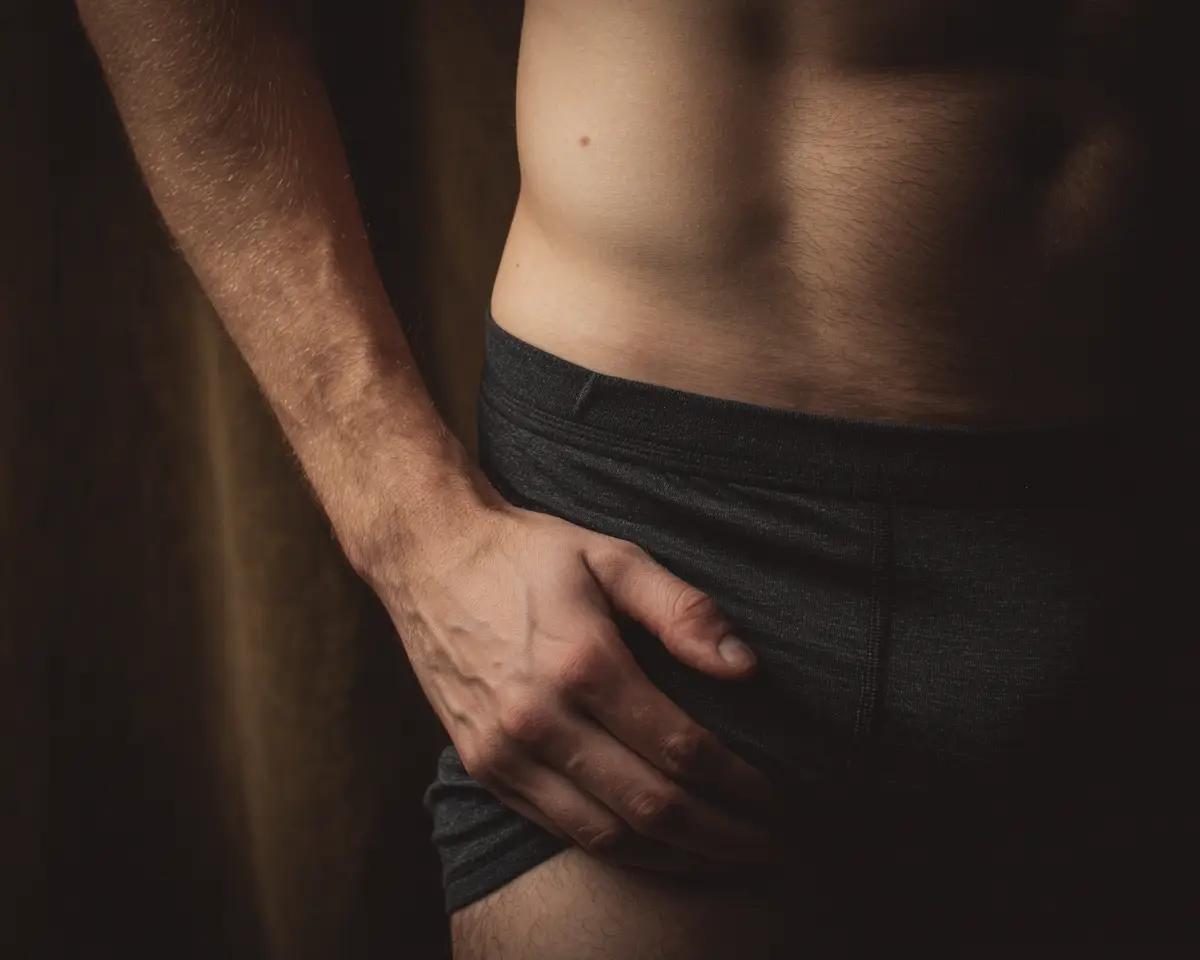 Männlicher Unterbauch mit einer Hand an dunkler Unterhose – warmes Seitenlicht, dunkler Hintergrund