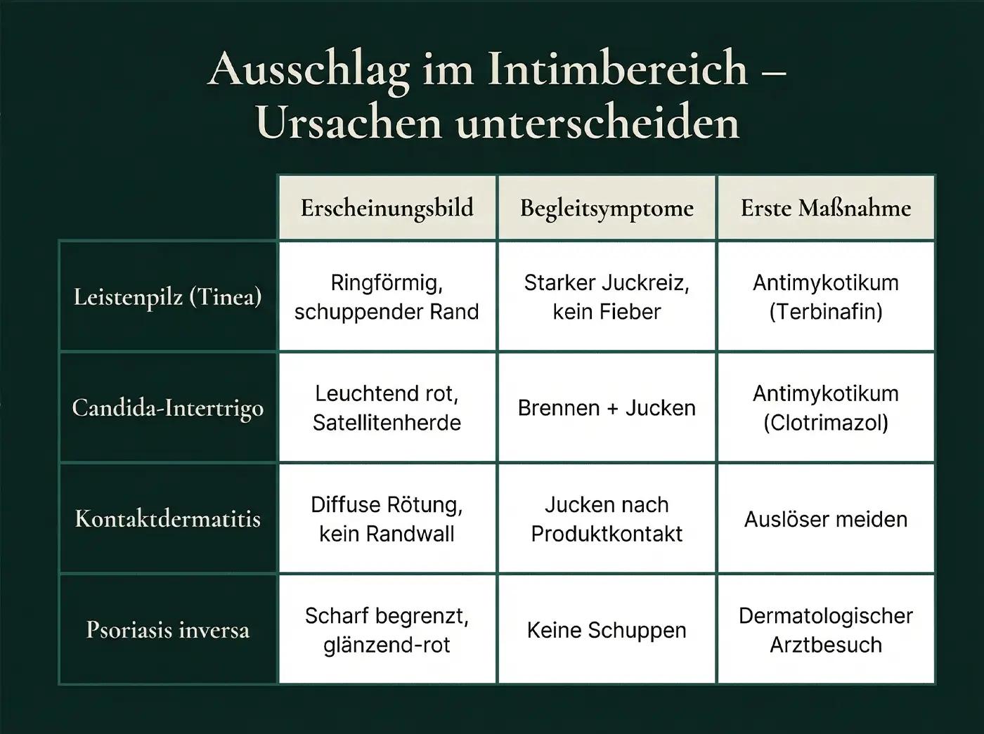 Vergleichstabelle 4 Ursachen: Leistenpilz (ringförmig → Terbinafin), Candida-Intertrigo (leuchtend rot → Clotrimazol), Kontaktdermatitis (diffuse Rötung → Auslöser meiden), Psoriasis inversa (glänzend-rot → Arztbesuch)