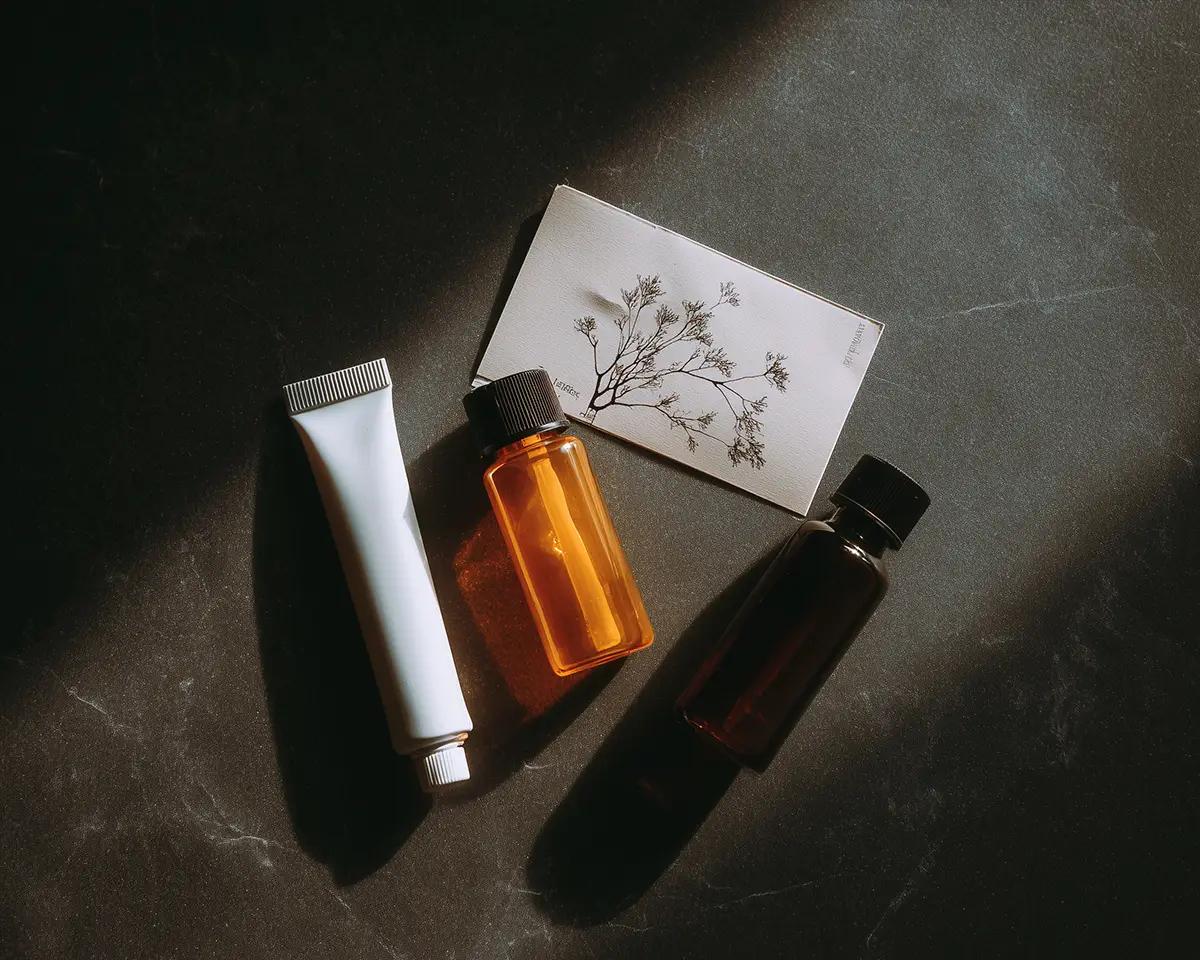 Draufsicht auf drei Pflegeprodukte (weiße Tube, Braunglasflasche, dunkle Flasche) und botanische Zeichnung auf dunklem Stein