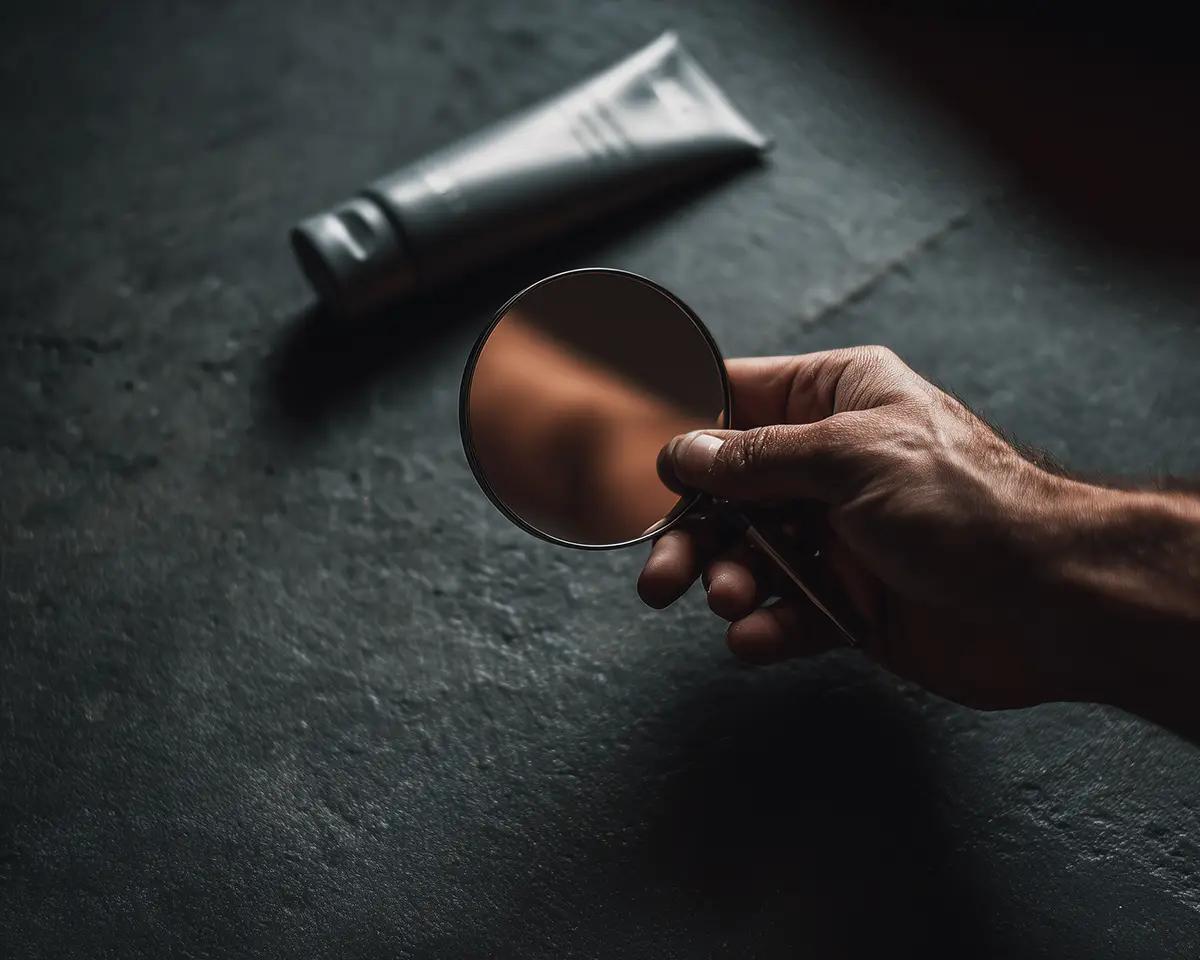 Hand hält kleinen Rundspiegel, im Hintergrund eine Creme-Tube auf dunkler Schieferfläche