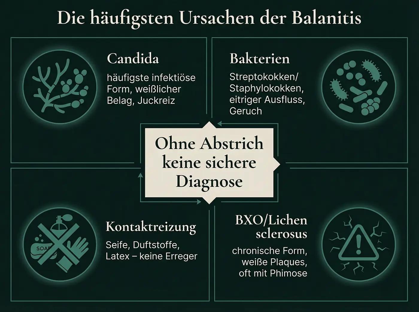 Vierquadranten-Infografik Balanitis-Ursachen: Candida, Bakterien, Kontaktreizung, BXO/Lichen sclerosus – Mitte: 'Ohne Abstrich keine sichere Diagnose'