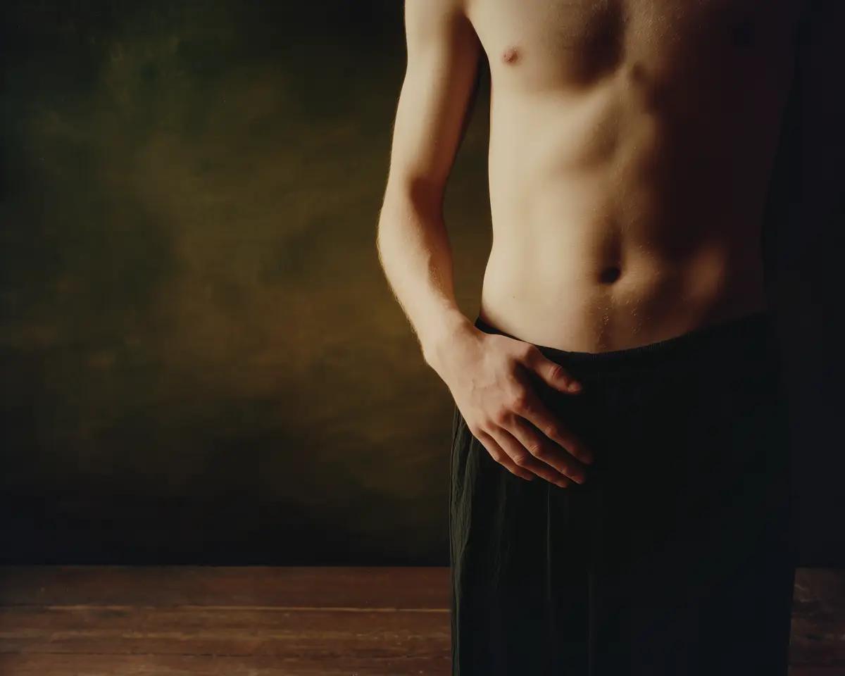 Männlicher Oberkörper und Bauch, eine Hand liegt auf der Unterbauch-/Hüftregion, dunkle Jogginghose – dunkler Studiohintergrund