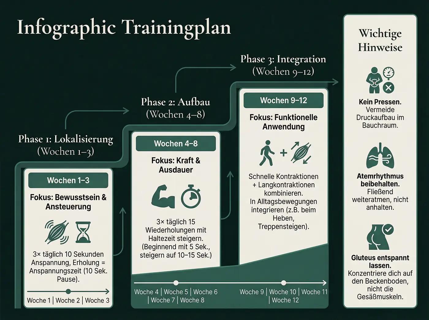 3-Phasen-Trainingsplan Beckenboden: Phase 1 Lokalisierung (Wo. 1–3), Phase 2 Kraft & Ausdauer (Wo. 4–8), Phase 3 Integration (Wo. 9–12) – plus Hinweise zu Atmung, Pressen und Gluteus