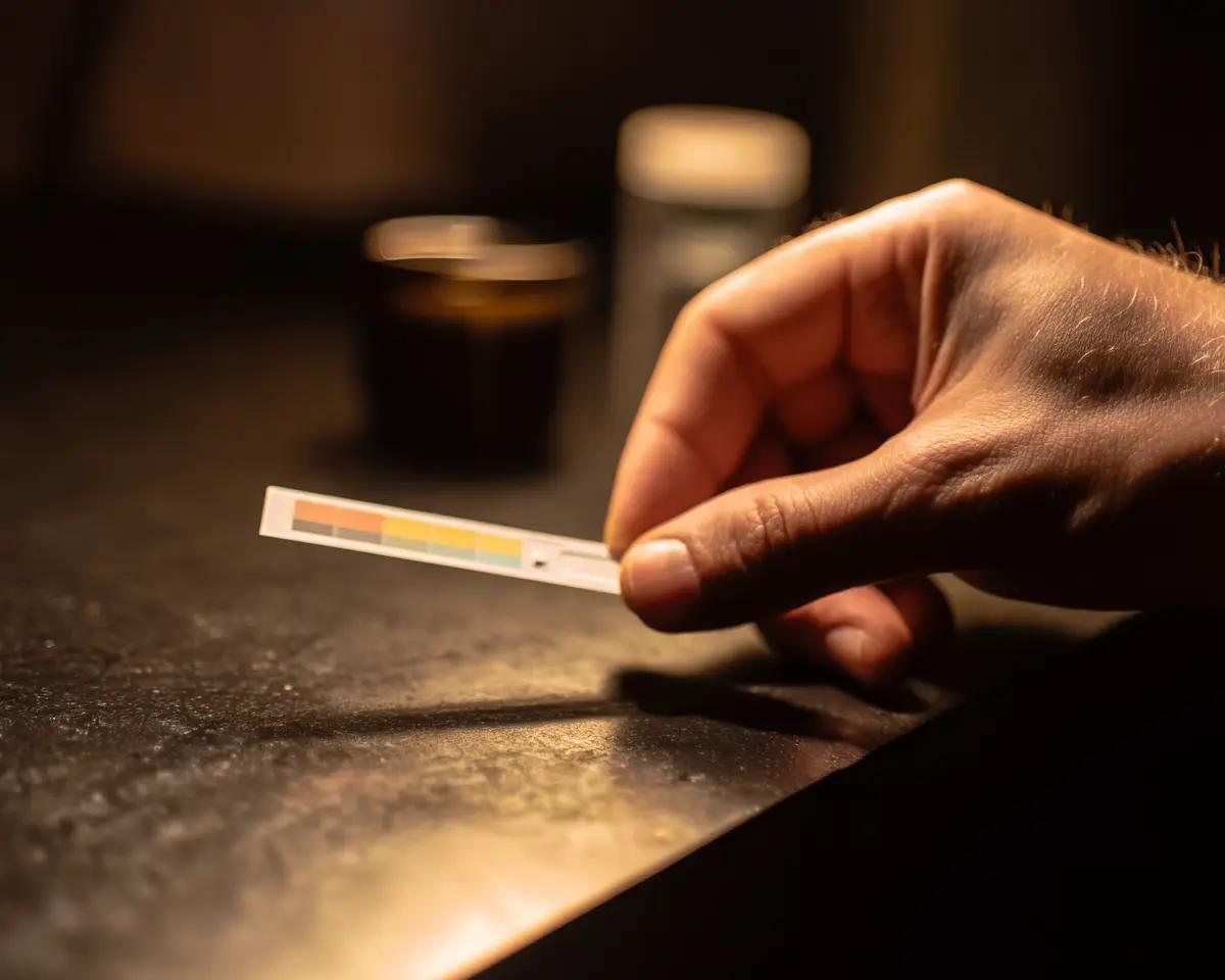 Hand hält bunten Urinstix (Teststreifen mit mehreren Farbfeldern) auf dunkler Steinoberfläche – Urinbecher unscharf im Hintergrund, warmes Seitenlicht