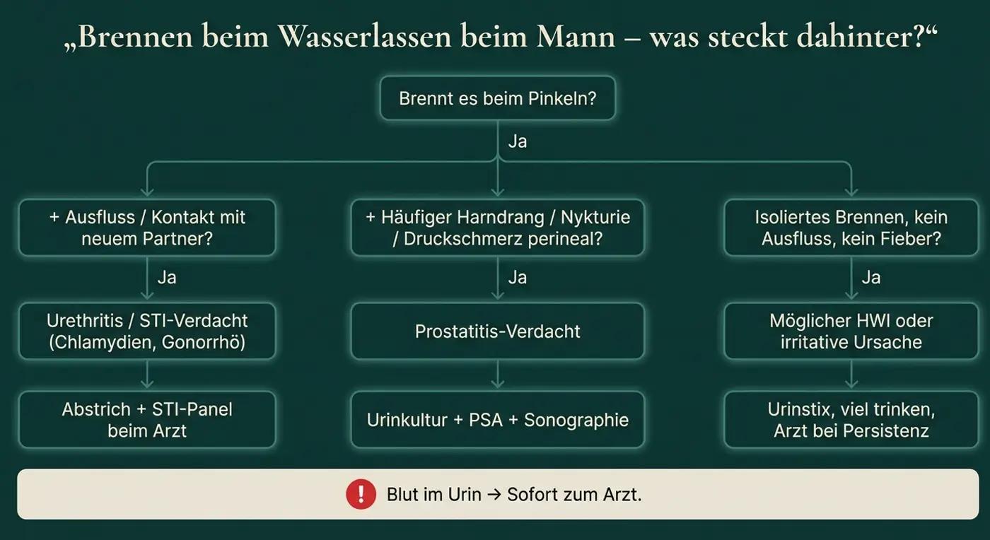 Entscheidungsbaum 'Brennen beim Wasserlassen beim Mann': 3 Äste (Ausfluss → STI-Verdacht, Harndrang → Prostatitis, isoliertes Brennen → HWI); Warnsignal: Blut im Urin → sofort zum Arzt