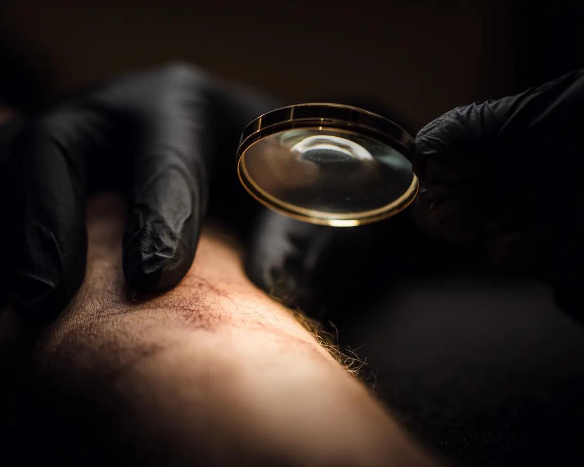 Zwei Hände mit schwarzen Latexhandschuhen: eine hält Hautfläche, die andere führt runde Goldrand-Lupe über behaarte Haut – dunkler Hintergrund, warmes Auflicht