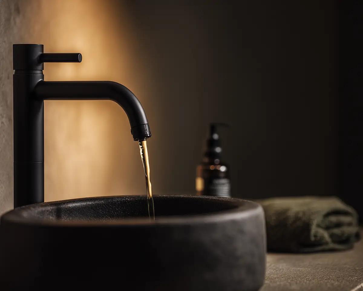 Schwarzer matter Wasserhahn mit fließendem Wasser über dunklem Steinwaschbecken, Braunglasflasche im Hintergrund