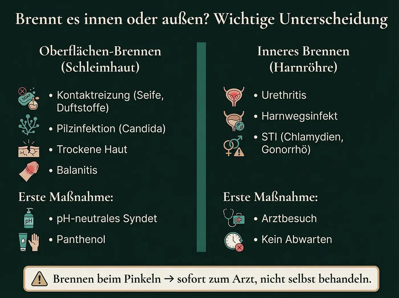 Infografik 'Innen oder außen?': Links Oberflächen-Brennen (Candida, Reizung, Syndet als Maßnahme), rechts Inneres Brennen (Urethritis, STI, Arztbesuch); Warnbox: Brennen beim Pinkeln sofort zum Arzt