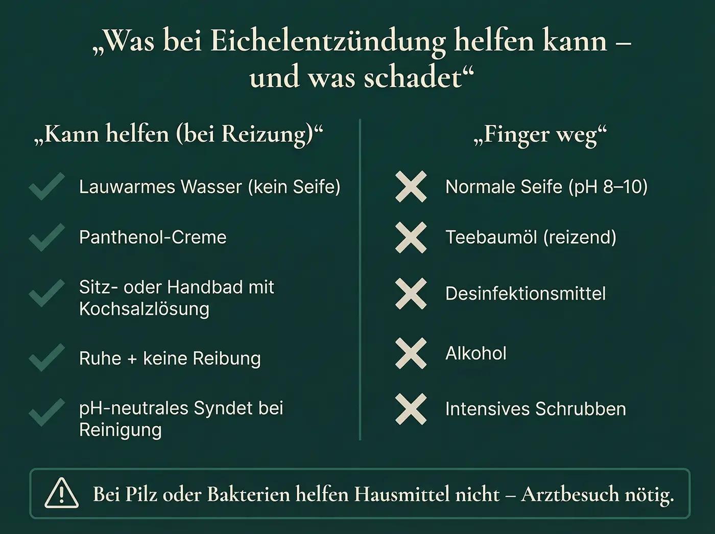 Checkliste: 5 Maßnahmen die helfen (Kochsalzbad, Panthenol, Syndet) vs. 5 die schaden (Seife, Teebaumöl, Desinfektionsmittel, Alkohol, Schrubben)