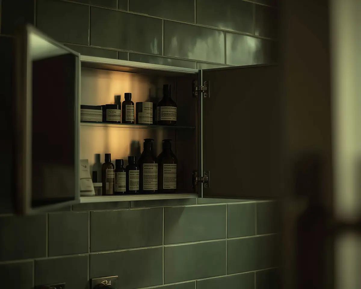 Geöffneter Badezimmer-Spiegelschrank mit mehreren dunklen Produktflaschen auf zwei Regalen – warmes Innenlicht, grüne Fliesen