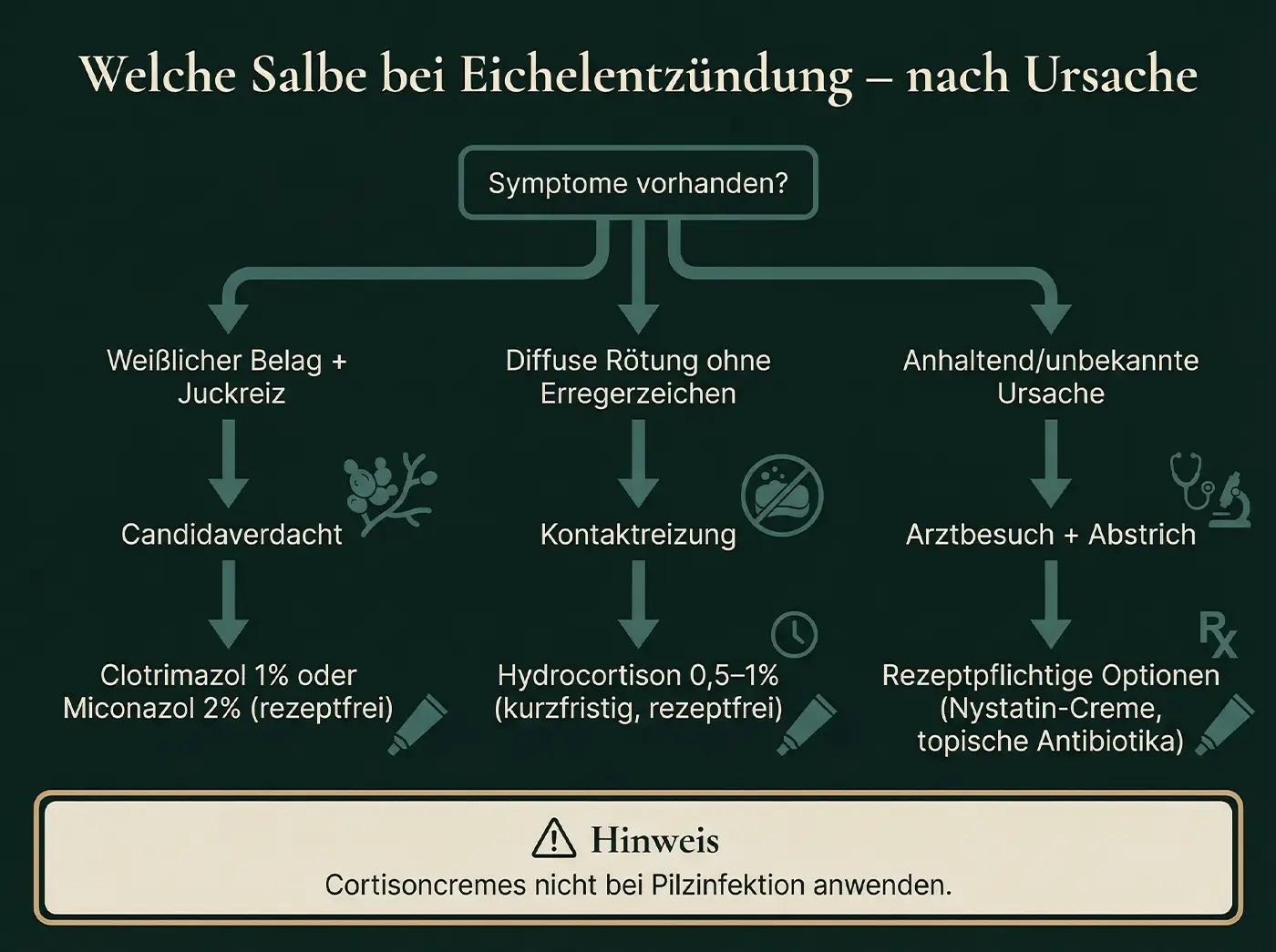 Entscheidungsbaum Salbenwahl: Weißlicher Belag → Clotrimazol/Miconazol; Rötung ohne Erreger → Hydrocortison; unbekannte Ursache → Arzt; Hinweis: kein Cortison bei Pilzinfektion