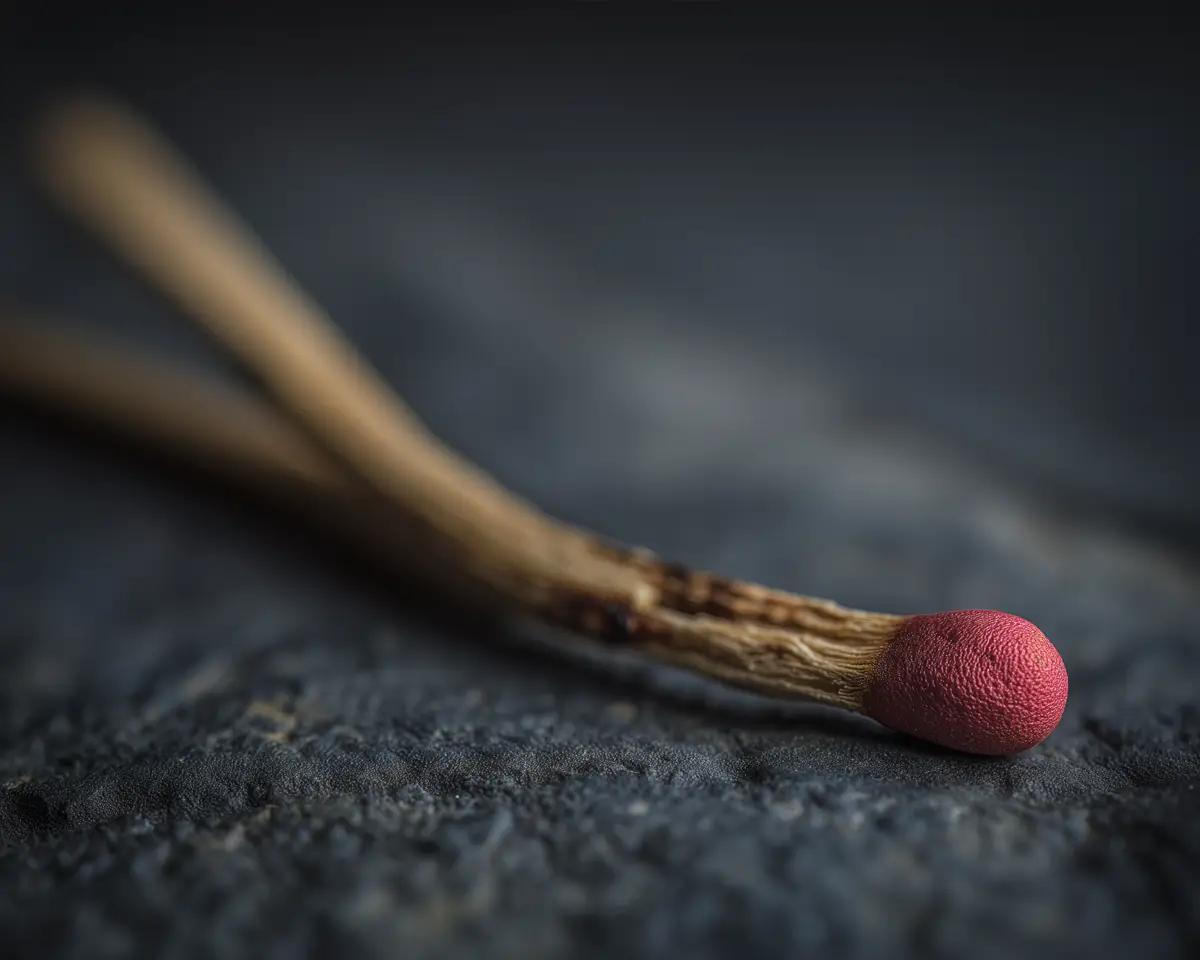Abgeknicktes Streichholz mit rotem Köpfchen auf grauer Textiloberfläche – Nahaufnahme, symbolische Darstellung