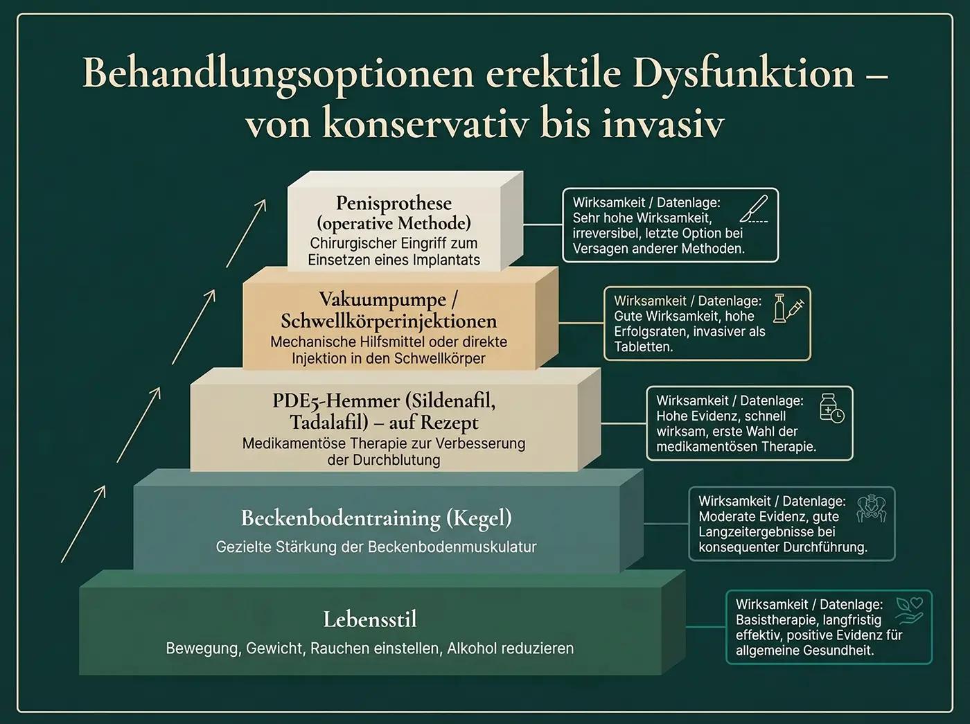 Behandlungspyramide erektile Dysfunktion: Basis Lebensstil, dann Beckenbodentraining, PDE5-Hemmer (Sildenafil/Tadalafil), Vakuumpumpe/Injektionen, oben Penisprothese – je mit Wirksamkeitsangabe