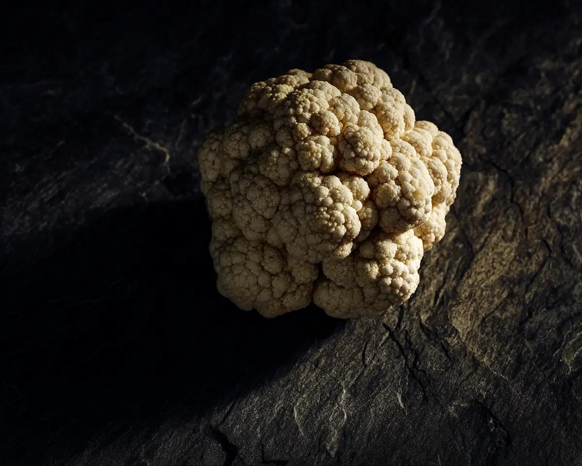 Blumenkohlkopf auf dunklem Schieferstein unter schräg einfallendem Amber-Licht – knotige, noduläre Textur im Vordergrund