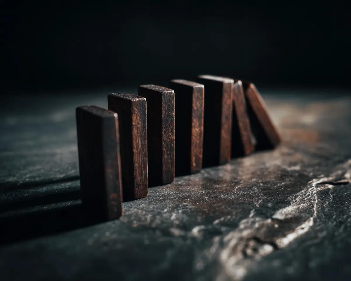 Dunkle Holz-Dominosteine auf dunklem Stein, letzte Steine kippen um – dramatisches Seitenlicht von rechts, Nahaufnahme