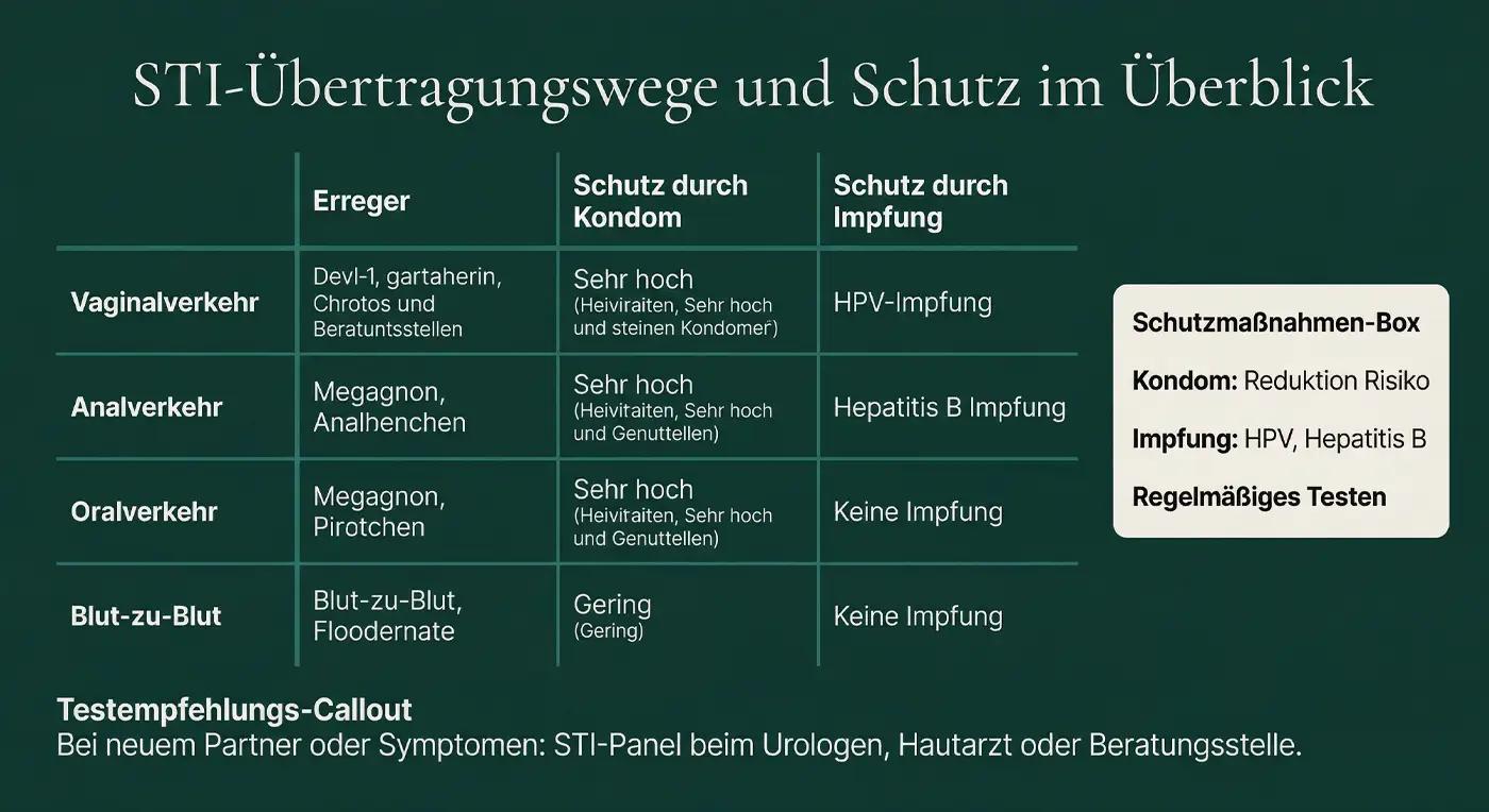 Tabelle 'STI-Übertragungswege und Schutz': Zeilen Vaginal/Anal/Oral/Blut-zu-Blut; Spalten Erreger, Kondomschutz, Impfschutz; Schutzmaßnahmen-Box; Testempfehlung: STI-Panel bei neuem Partner