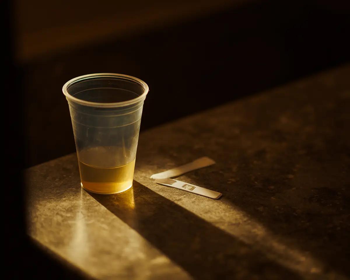 Klarer Plastikbecher mit goldgelber Urinprobe und weißer Urinstix daneben auf dunkler Steinoberfläche – dramatisches warmes Seitenlicht
