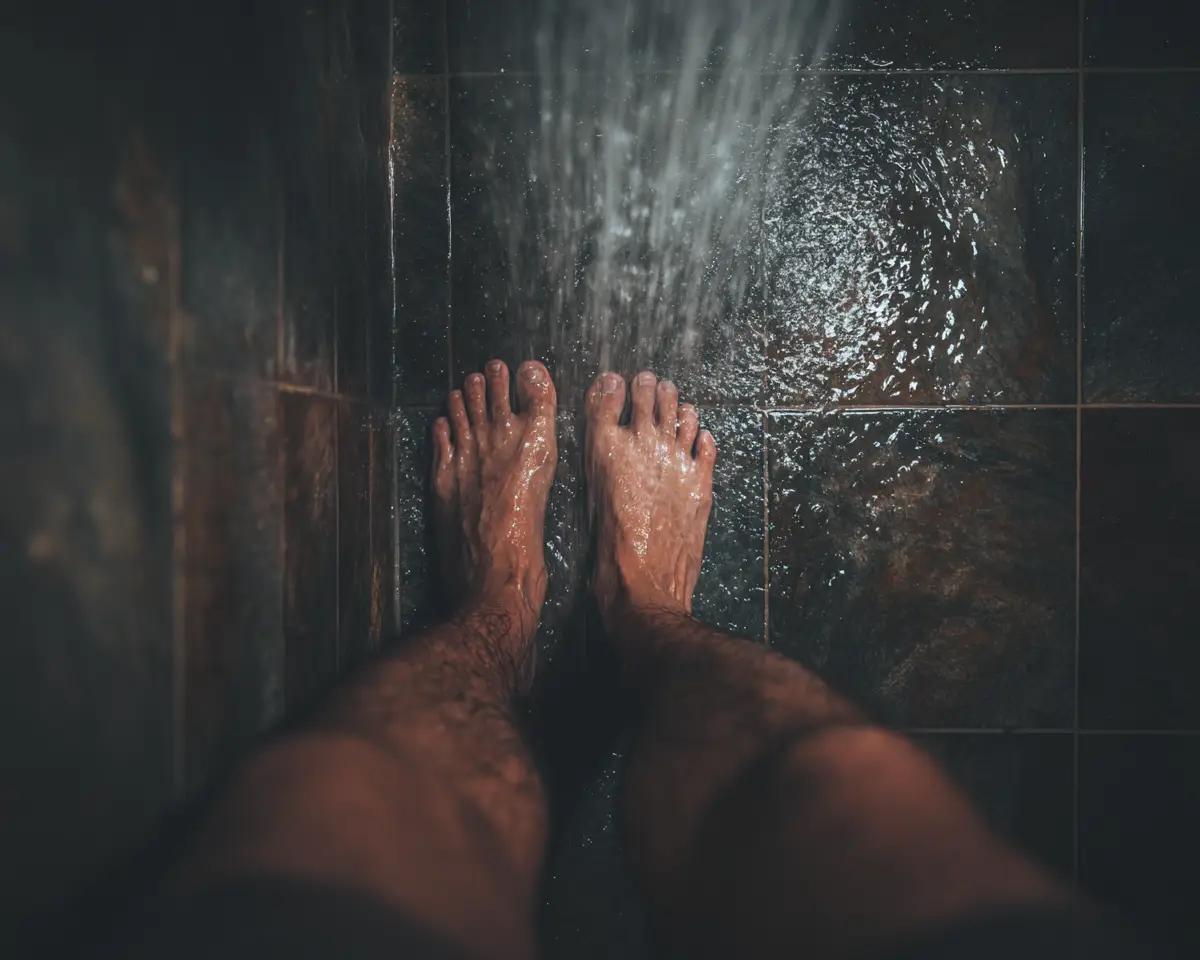 Männliche Füße unter Duschstrahl von oben auf dunklen Fliesen – warmes Seitenlicht, behaarte Unterschenkel sichtbar