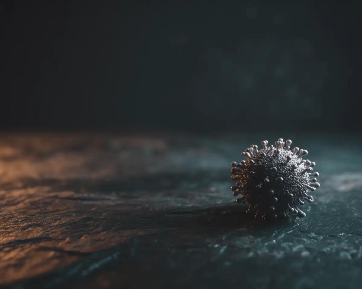 3D-Rendering eines Viruspartikels mit Oberflächenproteinen auf dunkler nebeliger Oberfläche – warmes Amber-Licht links, kaltes Blau rechts