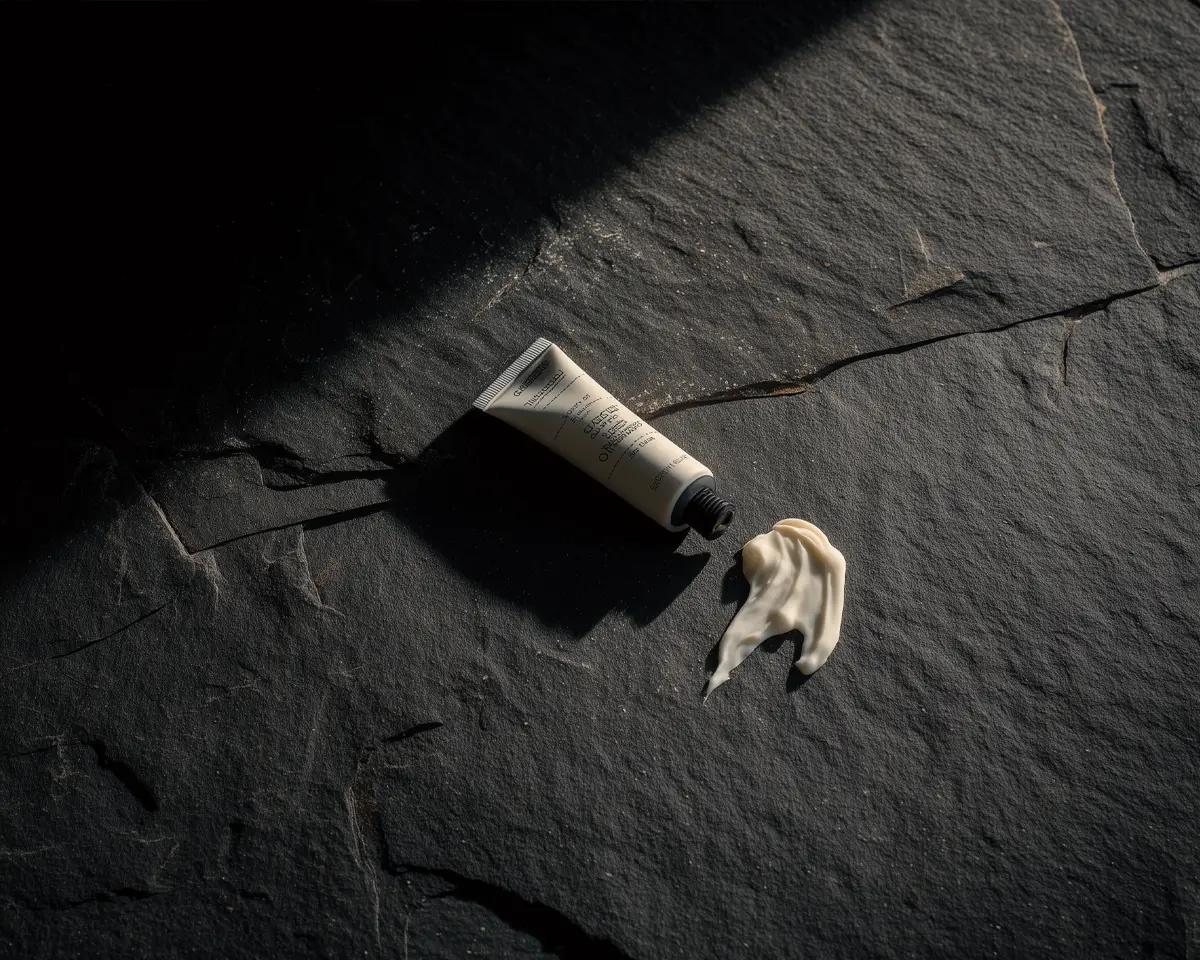 Weiße Cremetube mit ausgedrücktem Ende auf dunklem Schiefer – extreme Draufsicht, kontrastreicher Studiohintergrund