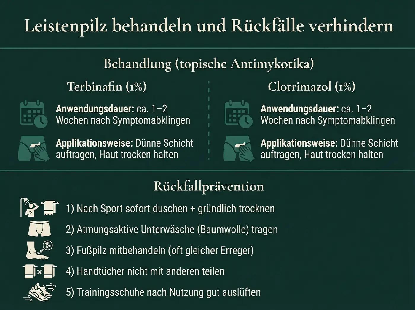 Infografik Leistenpilz: Terbinafin vs. Clotrimazol (je Anwendungsdauer + Applikationsweise); 5 Rückfallpräventionstipps: Duschen nach Sport, Baumwollunterwäsche, Fußpilz mitbehandeln, Handtücher nicht teilen, Schuhe auslüften