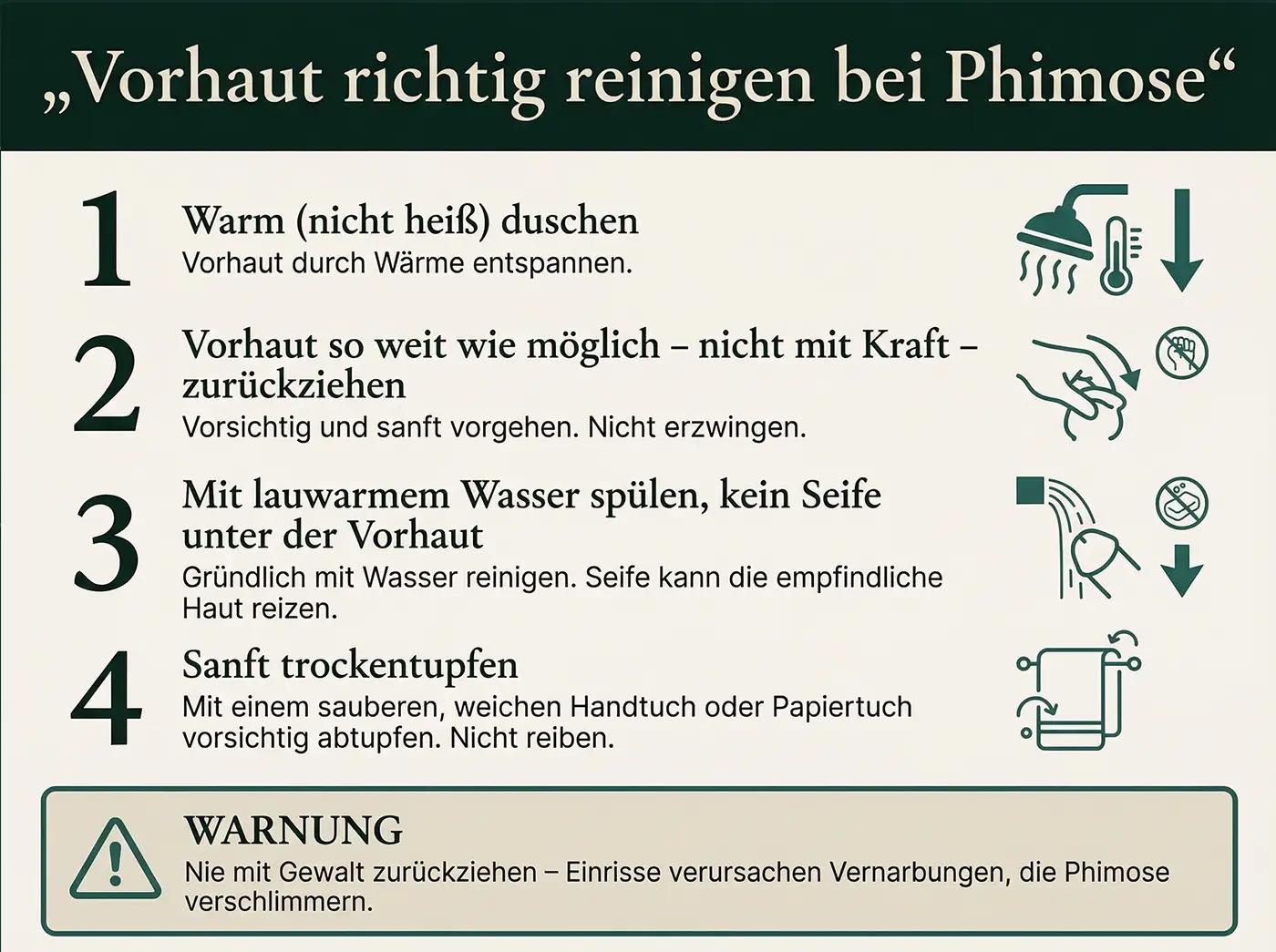 Infografik 'Vorhaut richtig reinigen bei Phimose': 4 Schritte – warm duschen, sanft zurückziehen, Wasser (keine Seife), trockentupfen; Warnbox: nie mit Gewalt ziehen