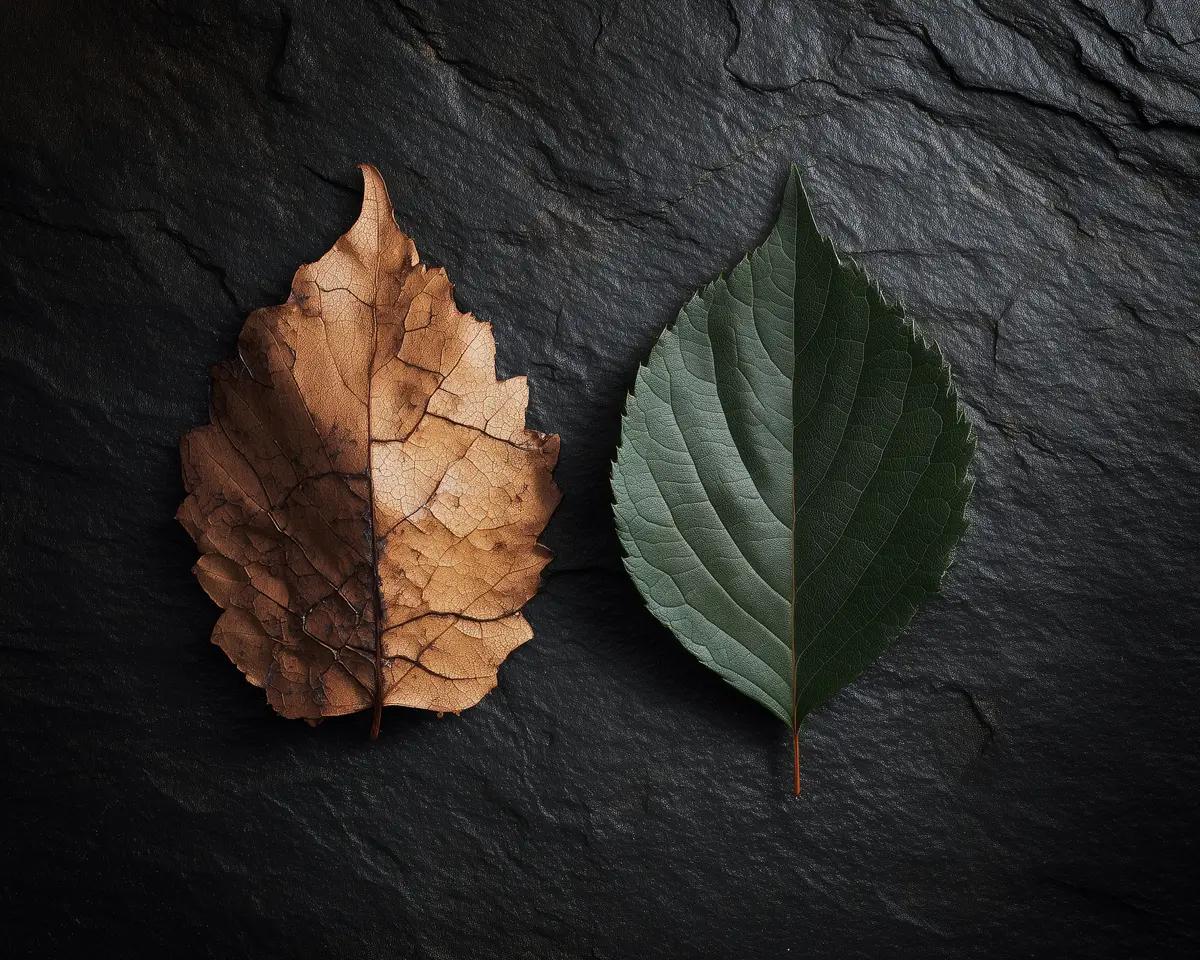 Zwei Blätter nebeneinander auf dunklem Schiefer: links ein trockenes, braunes, rissiges Herbstblatt – rechts ein frisches grünes Blatt
