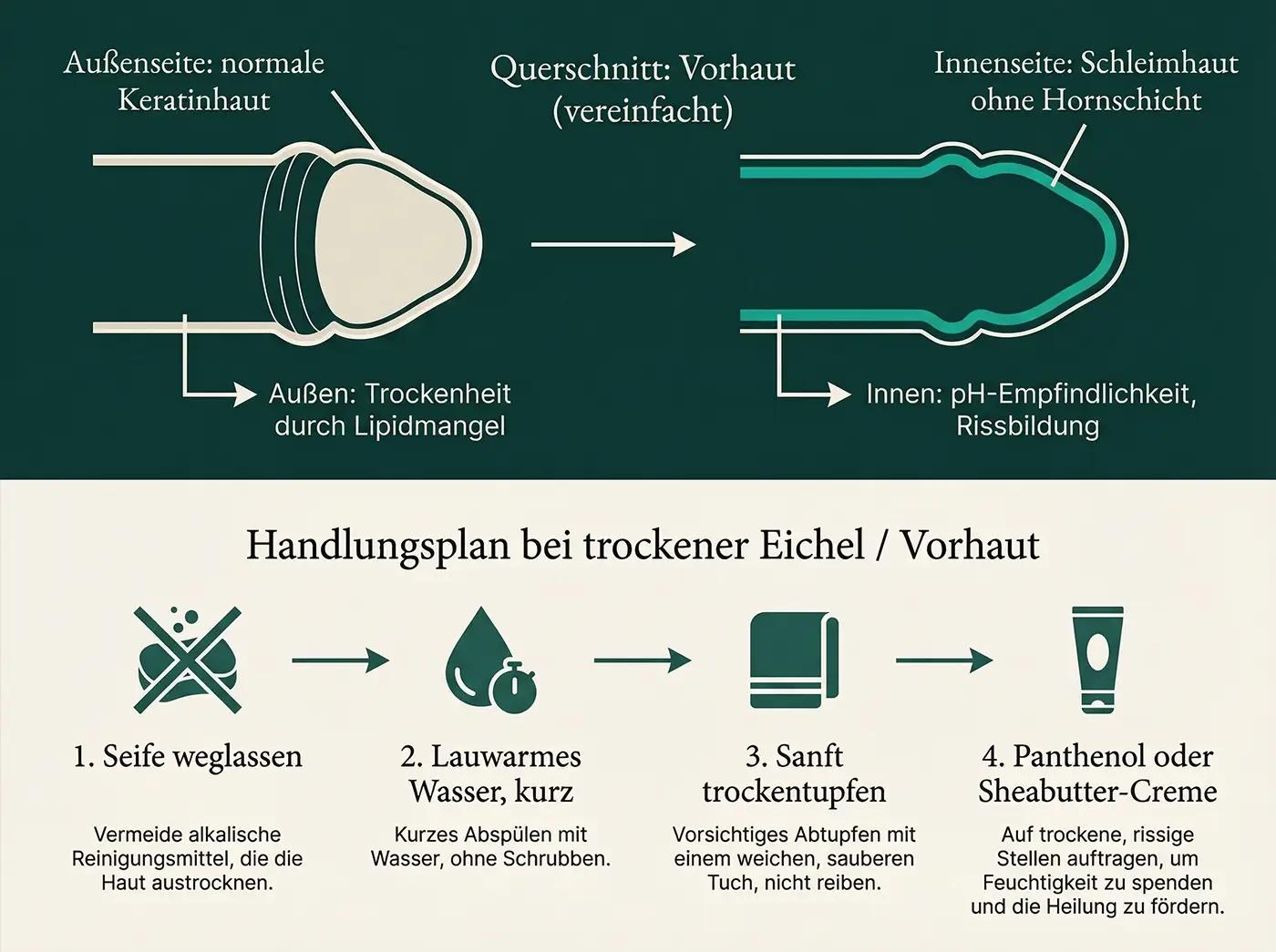 Zweiteilige Infografik: oben Vorhaut-Querschnitt (Außenseite Keratinhaut / Innenseite Schleimhaut), unten 4-Schritte-Handlungsplan (Seife weglassen, lauwarmes Wasser, trockentupfen, Panthenol/Sheabutter)