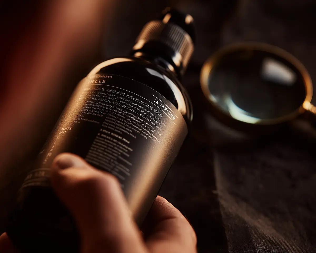 Hand hält dunkle matte Produktflasche und liest das Etikett, daneben liegt eine Lupe – warmes Studiolicht