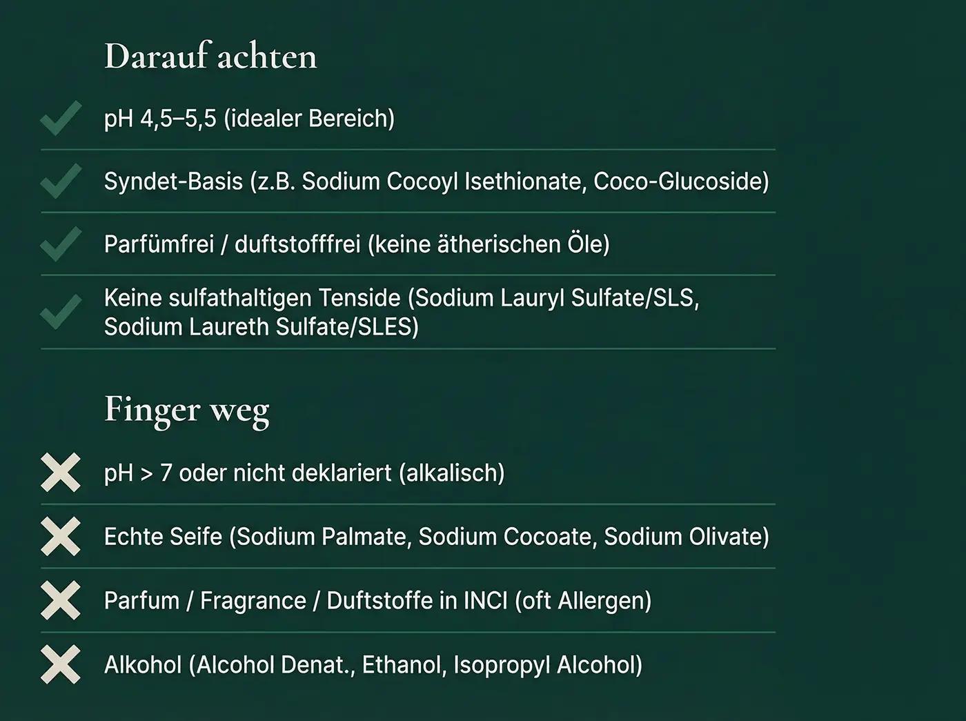 Kaufcheckliste Intimwaschlotion: 4 grüne Häkchen (pH 4,5–5,5, Syndet, parfümfrei, kein SLS/SLES) und 4 rote X (pH>7, Seife, Parfum, Alkohol)