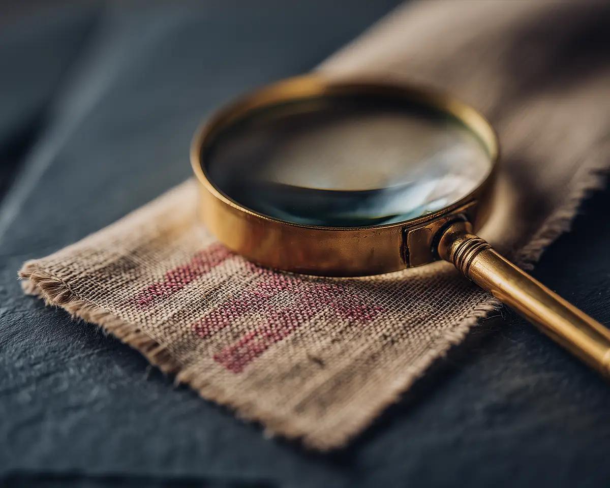 Vergoldete Lupe liegt auf einem kleinen Jutestück auf dunkler Schieferfläche – warmes Seitenlicht, Nahaufnahme