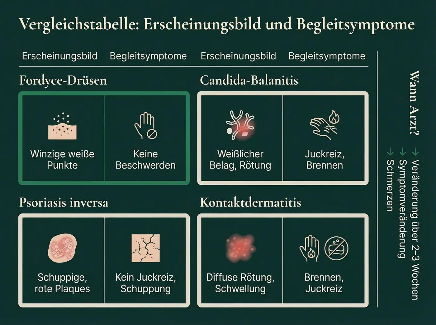 Vergleichstabelle 4 Ursachen für rote Punkte: Fordyce-Drüsen (winzige weiße Punkte, keine Beschwerden), Candida-Balanitis (weißlicher Belag, Juckreiz), Psoriasis inversa (rote Plaques, Schuppung), Kontaktdermatitis (diffuse Rötung, Brennen)