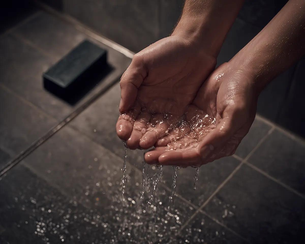 Zwei Hände halten Wasser unter der Dusche, im Hintergrund liegt ein schwarzes Syndet-Stück auf dem Duschablage