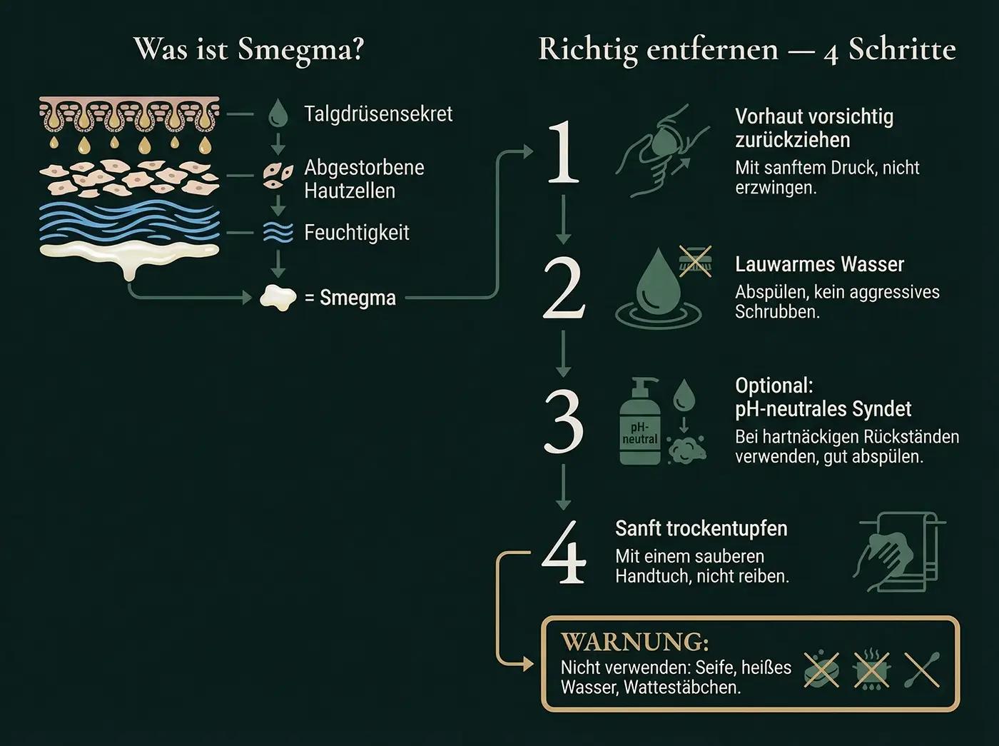 Zweiteilige Infografik: links Entstehung von Smegma aus Talgdrüsensekret und Hautzellen, rechts 4 Reinigungsschritte mit Warnhinweis