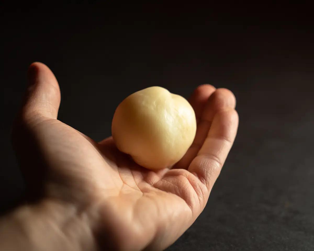 Männliche Handfläche hält eine kleine glatte cremefarbene Kugel – dunkler Studiohintergrund, warmes Oberlicht