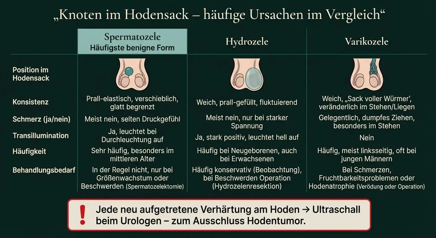 Vergleichstabelle 3 Hodensack-Veränderungen: Spermatozele (prall-elastisch, kein Schmerz, Transillumination +), Hydrozele (weich-fluktuierend), Varikozele ('Sack voller Würmer', linksseitig); Warnung: jede neue Verhärtung → Ultraschall