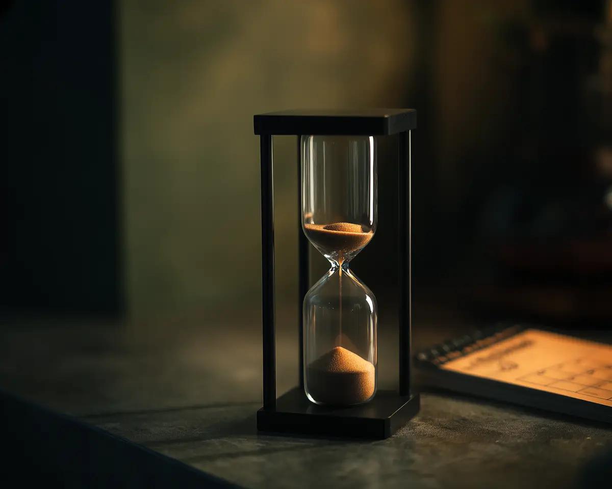 Schwarze Sanduhr mit goldenem Sand auf dunkler Oberfläche, im Hintergrund aufgeschlagenes Notizbuch – warmes Seitenlicht