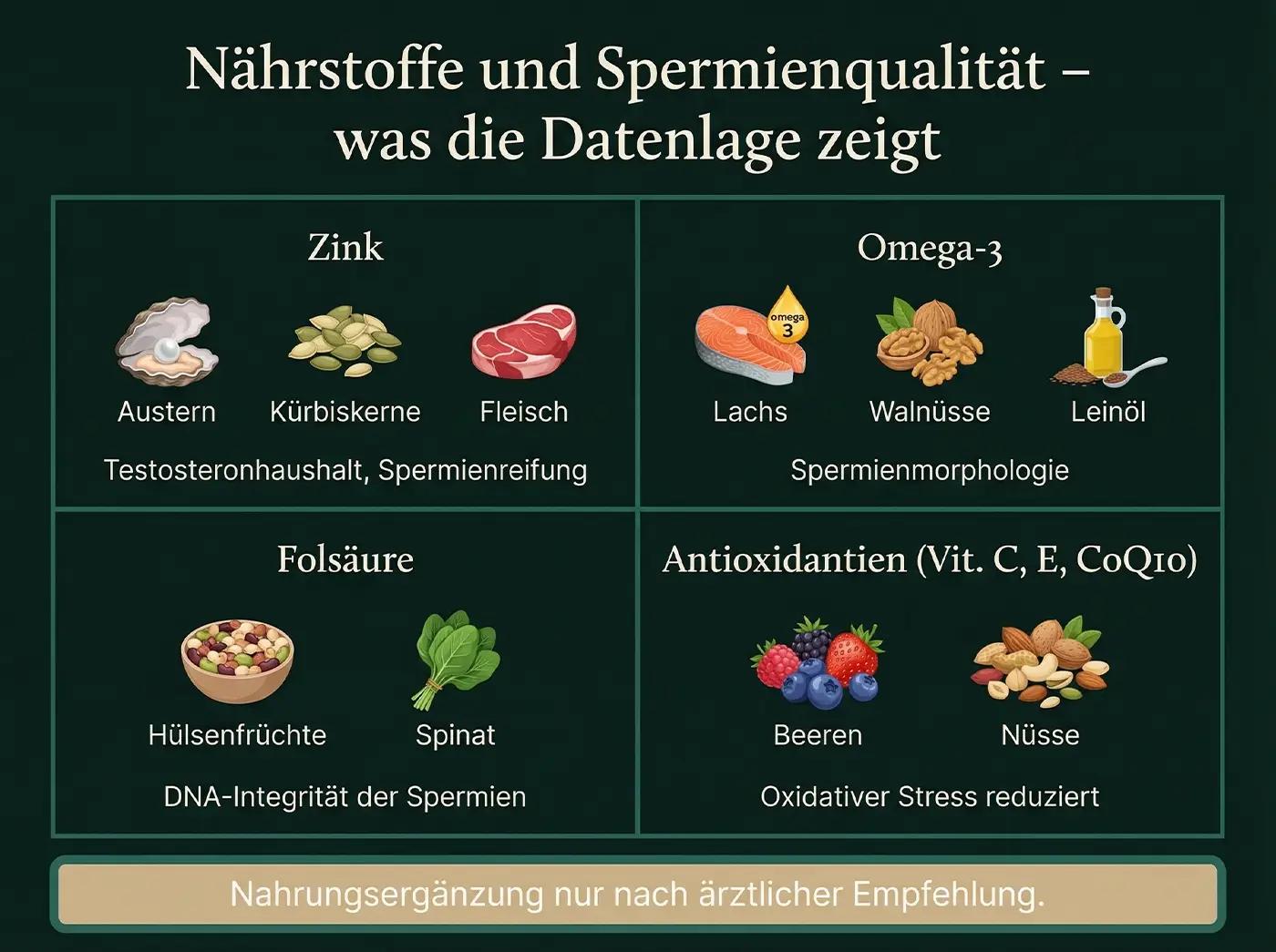 4-Quadranten-Infografik Nährstoffe: Zink (Austern, Kürbiskerne, Fleisch), Omega-3 (Lachs, Walnüsse, Leinöl), Folsäure (Hülsenfrüchte, Spinat), Antioxidantien (Beeren, Nüsse) – je mit Wirkung auf Spermienqualität