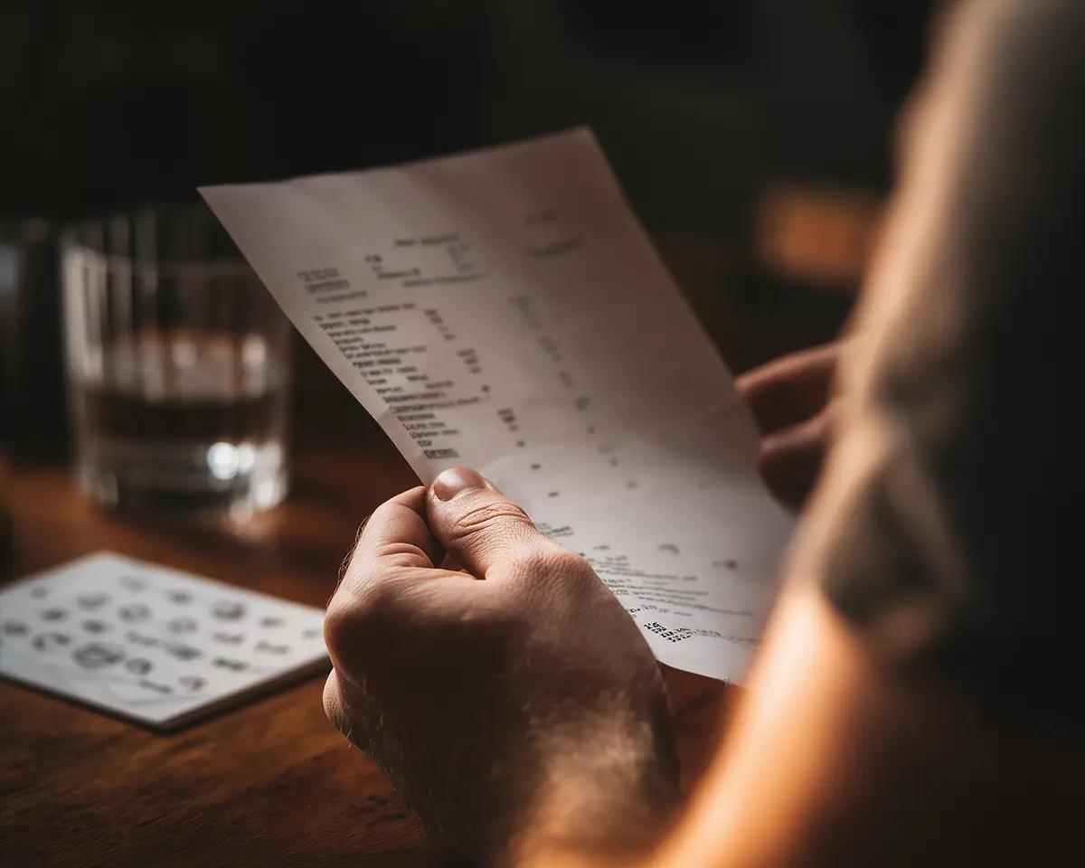 Mann hält Laborergebnisbogen mit langen Wertelisten in der Hand – Schulter von hinten sichtbar, warmes Licht, unscharfer Hintergrund mit Glas