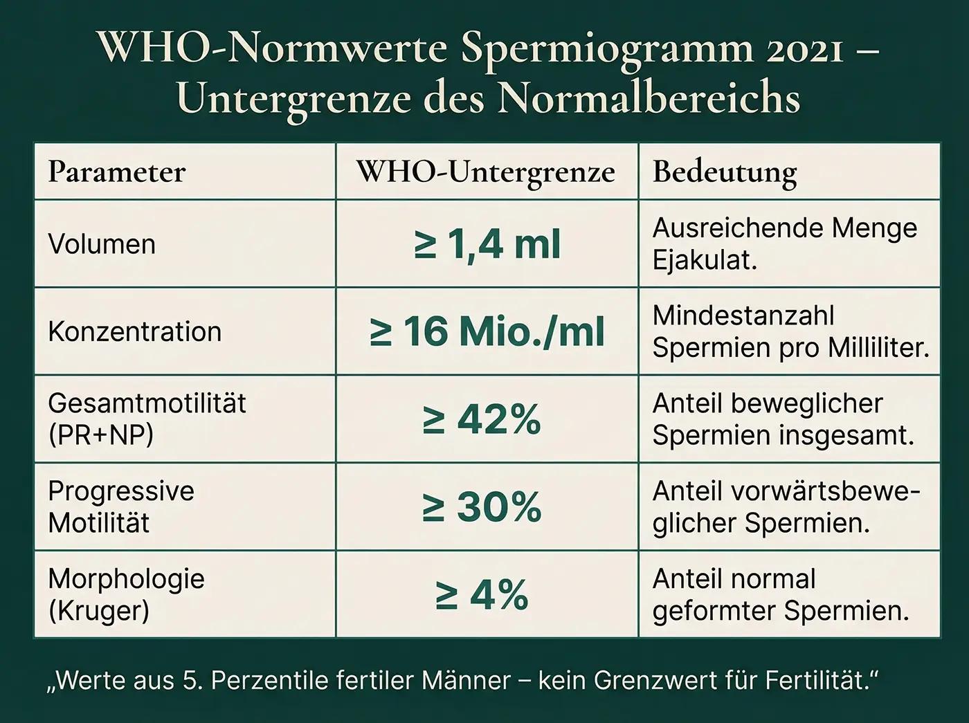 Tabelle WHO-Normwerte Spermiogramm 2021: Volumen ≥1,4 ml, Konzentration ≥16 Mio./ml, Gesamtmotilität ≥42 %, Progressive Motilität ≥30 %, Morphologie ≥4 % – mit Bedeutungsspalte