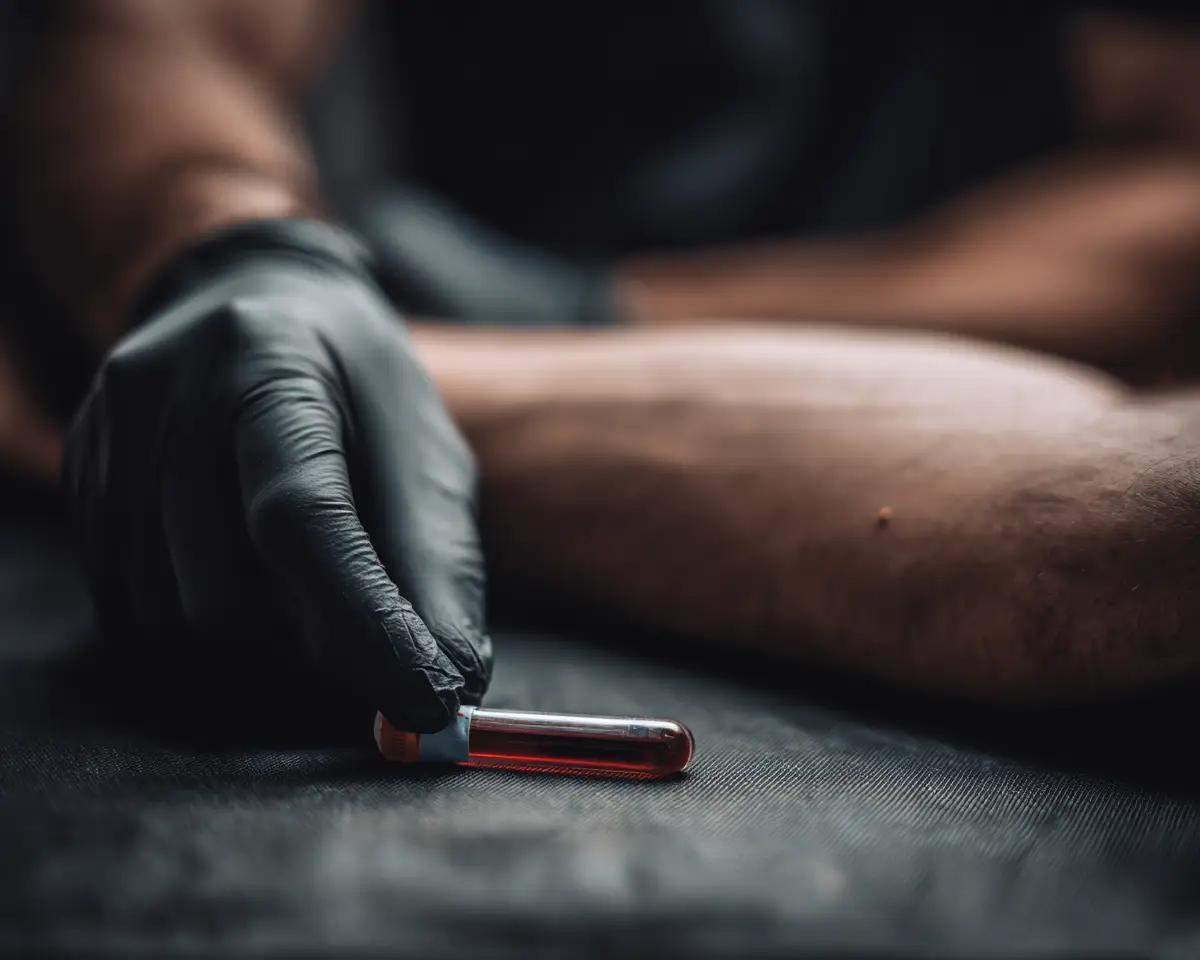 Hand mit schwarzem Latexhandschuh hält kleines Glasröhrchen mit roter Blutprobe – nackter Arm unscharf im Hintergrund, dunkle klinische Studioatmosphäre