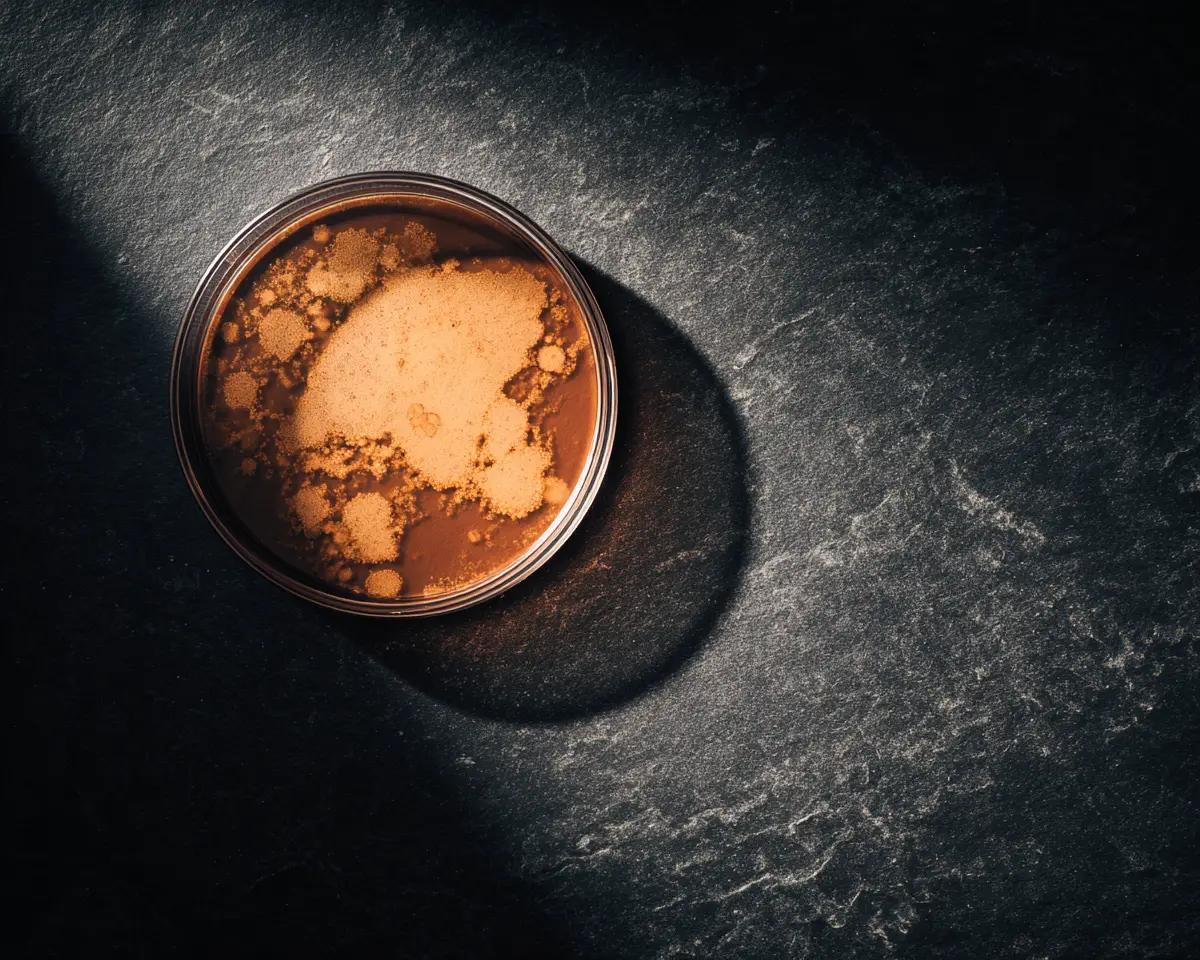 Petrischale mit gelblich-orangem Bakterienkultur-Wachstum auf dunklem Stein – Draufsicht mit warmem Seitenlicht