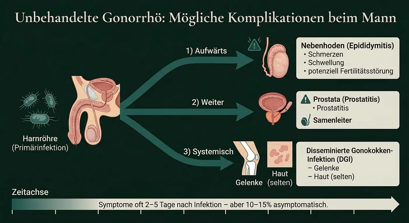 Komplikationsdiagramm 'Unbehandelte Gonorrhö beim Mann': 3 Ausbreitungswege (Nebenhoden/Epididymitis, Prostata/Samenleiter, systemisch/DGI); Zeitachse Symptome 2–5 Tage