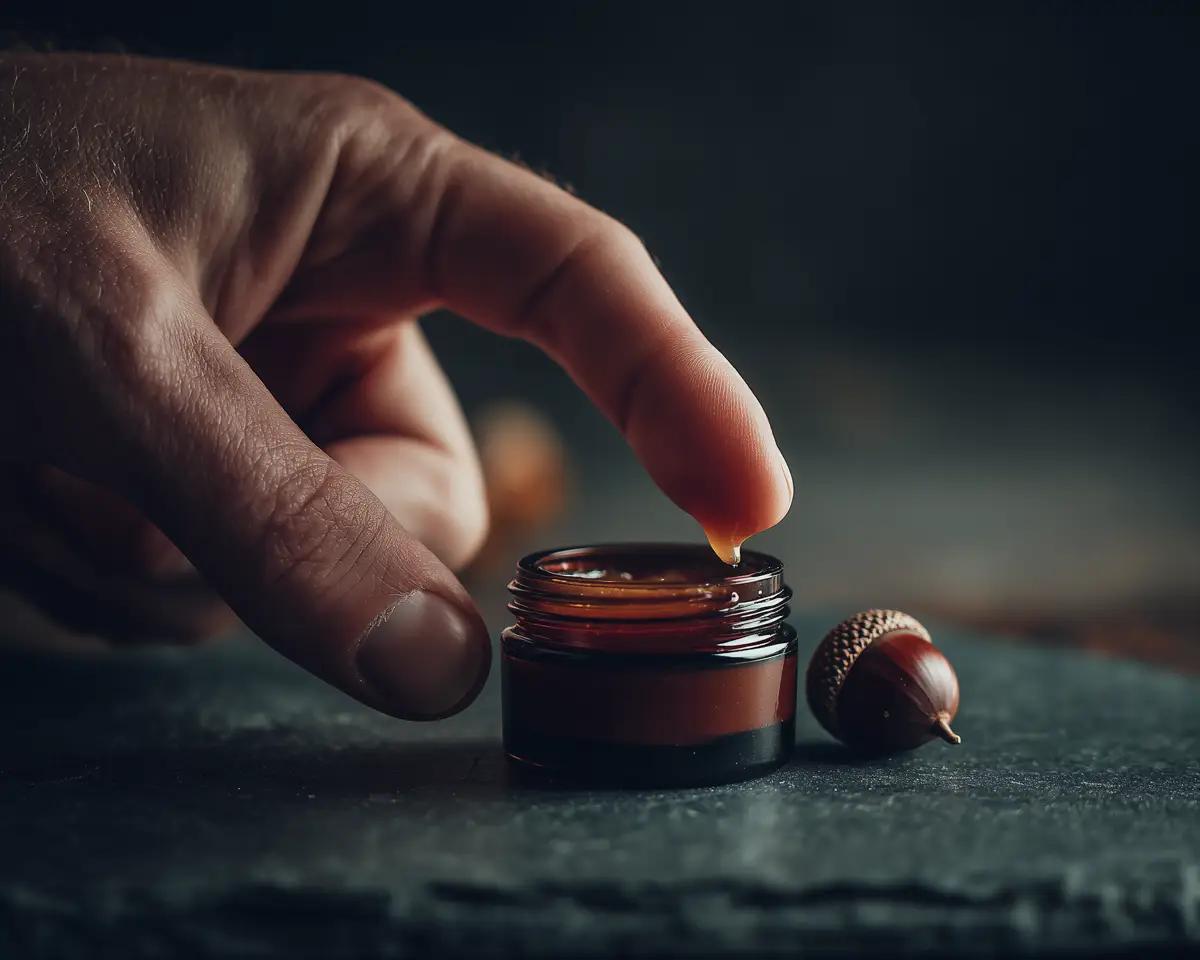 Männliche Hand, ein Finger taucht in ein kleines geöffnetes Braunglas-Cremetöpfchen auf dunklem Stein; daneben liegt eine Eichel (Frucht)